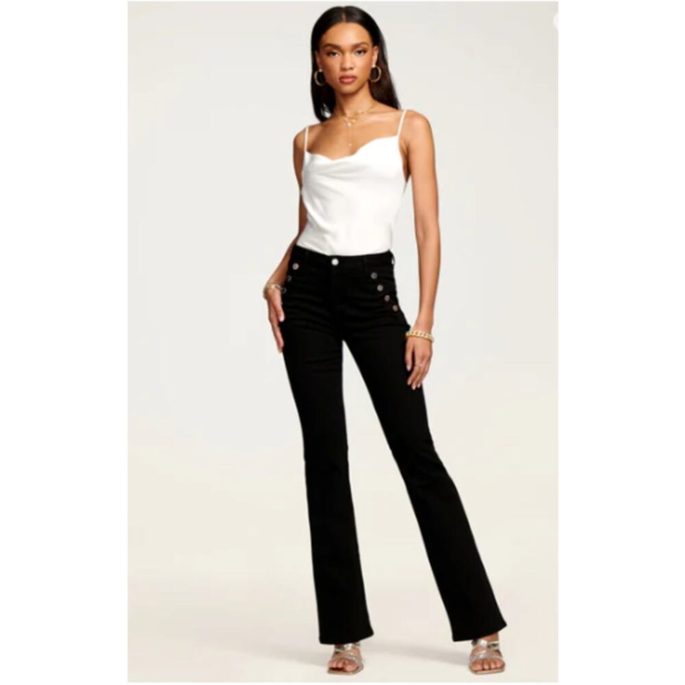 Ramy Brook Helena High-Rise Flare Jean Black Denim Sailor Button Detail Size 30